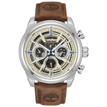 Αντρικό ρολόι Timberland Hadlock TDWGF2200705 με καφέ δερμάτινο λουράκι και μπεζ καντράν διαμέτρου 46mm με ημέρας-ημερομηνία.